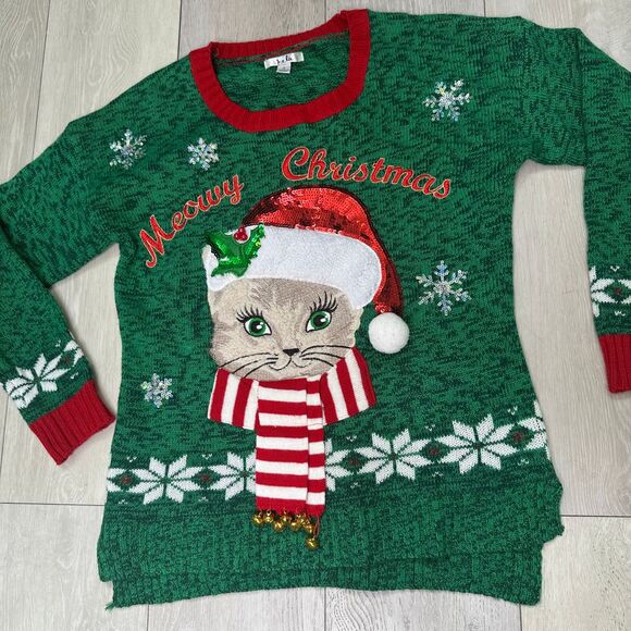 Kela Sweaters - Cat Christmas sweater‎ knit crew neck kitty bells green sequin sparkly size s